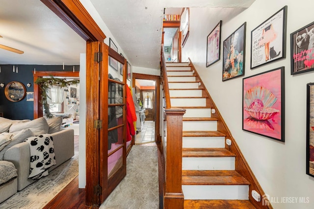 11 Jean Ct, Woodbridge Proper, NJ 07095 - staircase featuring wood finished floors, a ceiling fan, and baseboards