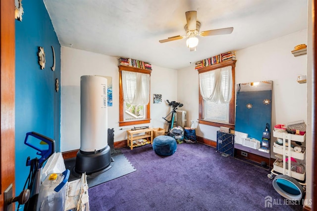 11 Jean Ct, Woodbridge Proper, NJ 07095 - exercise area featuring plenty of natural light, carpet flooring, a ceiling fan, and baseboards