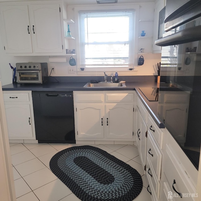 kitchen with open shelves, black dishwasher, white cabinets, and a sink