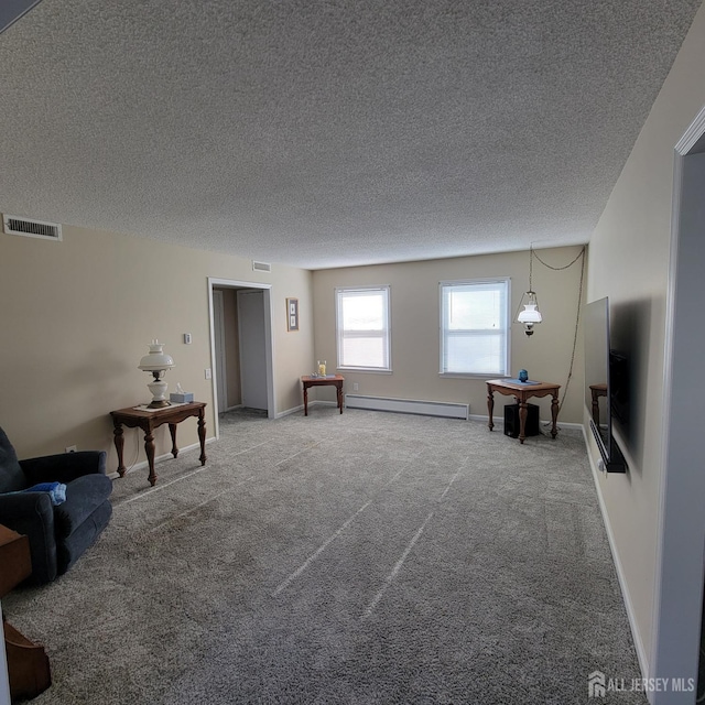 living room featuring a textured ceiling, baseboard heating, and carpet