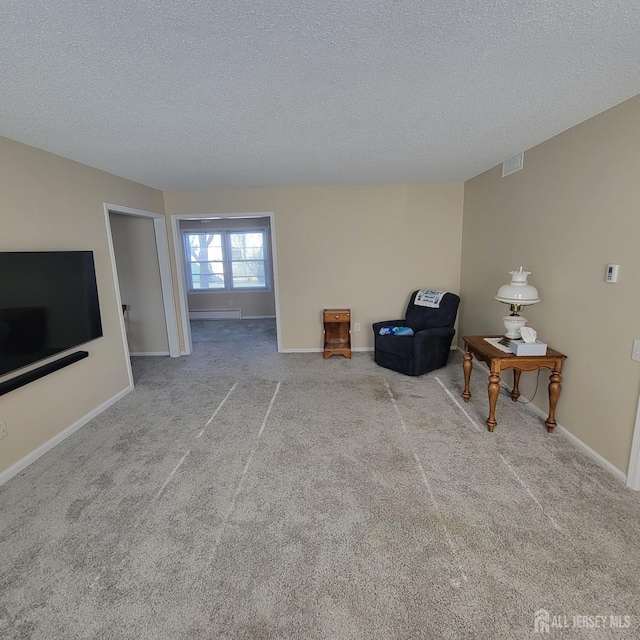 unfurnished room featuring a textured ceiling, light colored carpet, and a baseboard heating unit