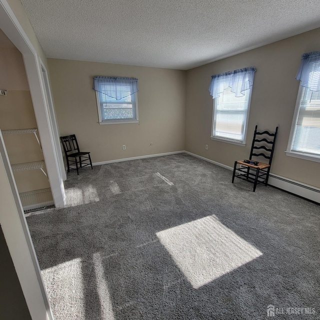 interior space with a wealth of natural light, carpet flooring, and a textured ceiling