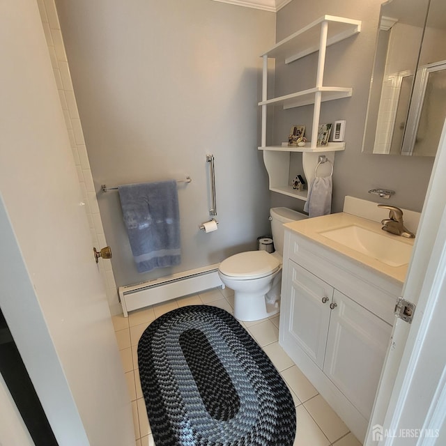 bathroom featuring a baseboard radiator, toilet, vanity, tile patterned floors, and a shower with door