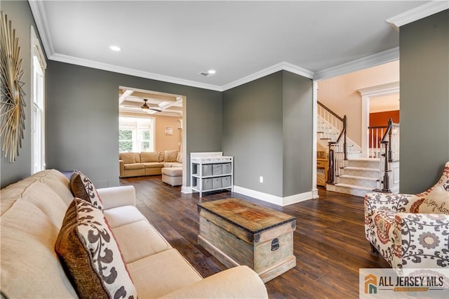 12 Wharton Ct, South Brunswick, NJ 08824 - living room featuring recessed lighting, ornamental molding, hardwood / wood-style floors, a ceiling fan, and stairs