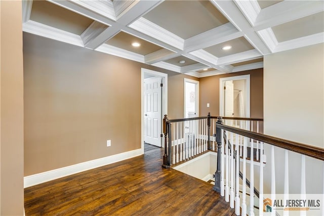 12 Wharton Ct, South Brunswick, NJ 08824 - corridor featuring an upstairs landing, coffered ceiling, wood finished floors, beamed ceiling, and recessed lighting
