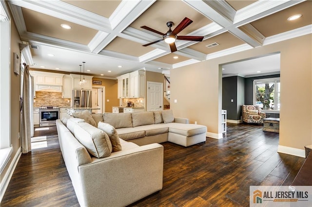 12 Wharton Ct, South Brunswick, NJ 08824 - living room featuring coffered ceiling, ceiling fan, ornamental molding, dark wood-type flooring, and beamed ceiling