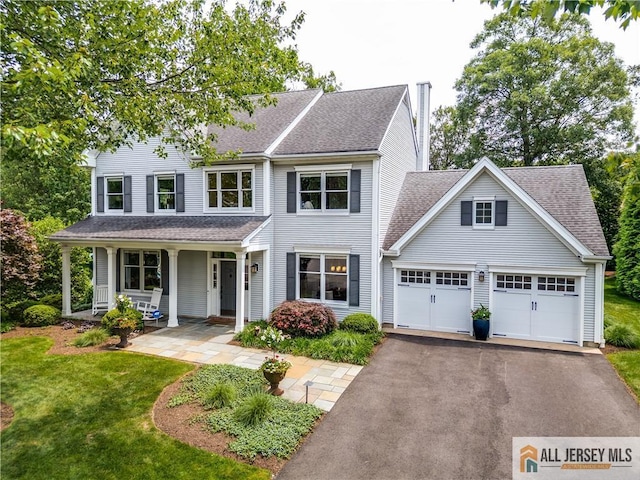 12 Wharton Ct, South Brunswick, NJ 08824 - view of front of home with asphalt driveway, an attached garage, a shingled roof, covered porch, and a front lawn