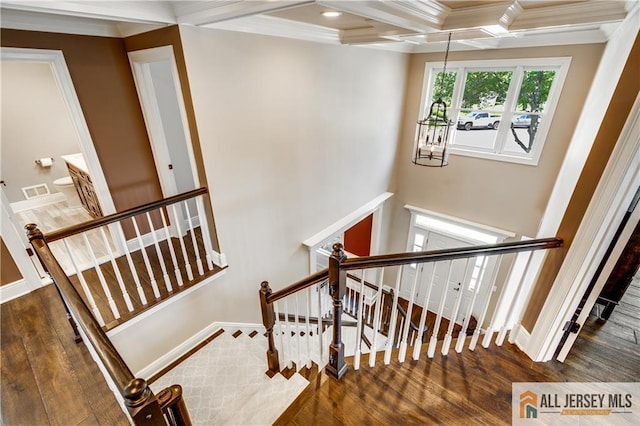 12 Wharton Ct, South Brunswick, NJ 08824 - staircase with wood finished floors, crown molding, coffered ceiling, beam ceiling, and recessed lighting