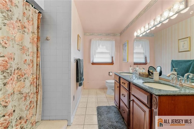 377 Ridge Rd, South Brunswick, NJ 08810 - bathroom featuring tile patterned floors, toilet, double vanity, and curtained shower