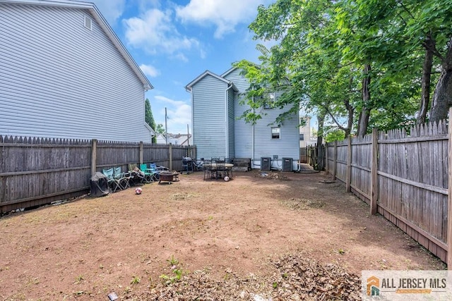 fenced backyard featuring central air condition unit