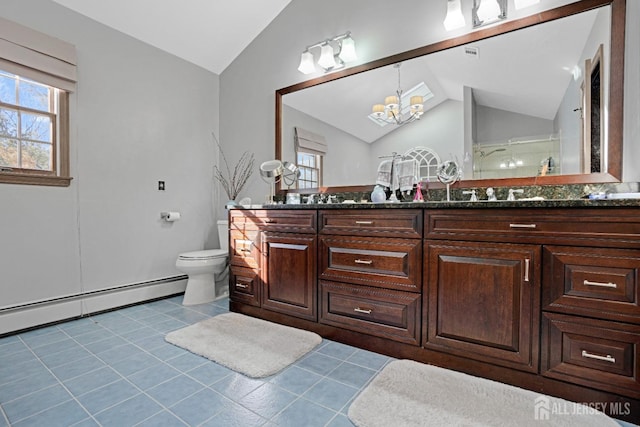 bathroom featuring lofted ceiling, a chandelier, tile patterned flooring, toilet, and a shower stall