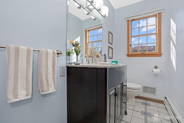 half bath featuring a baseboard radiator, visible vents, a wealth of natural light, and vanity