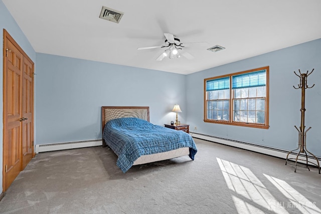 bedroom featuring a baseboard radiator, visible vents, and carpet