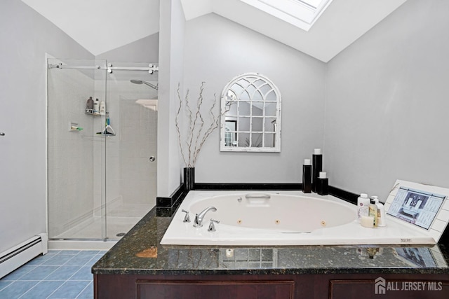 bathroom with a baseboard heating unit, a stall shower, a jetted tub, tile patterned floors, and lofted ceiling with skylight