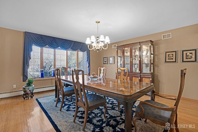 dining area featuring baseboards, visible vents, a chandelier, and wood finished floors