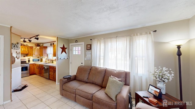 68 Applegate Ave, Monroe, NJ 08831 - living room featuring ornamental molding, light tile patterned floors, and a textured ceiling