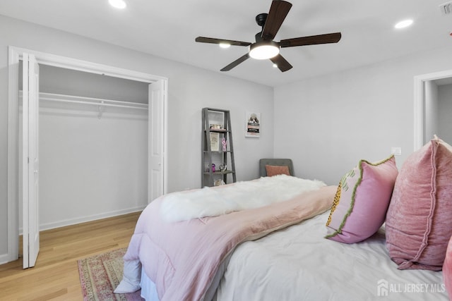 39 S Pierson Rd, Maplewood, NJ 07040 - bedroom with light wood finished floors, a closet, recessed lighting, ceiling fan, and baseboards