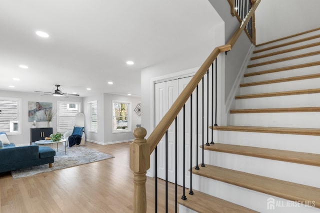 39 S Pierson Rd, Maplewood, NJ 07040 - stairway featuring recessed lighting, wood finished floors, ceiling fan, and baseboards