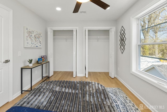 39 S Pierson Rd, Maplewood, NJ 07040 - bedroom featuring multiple closets, light wood finished floors, baseboards, recessed lighting, and a ceiling fan