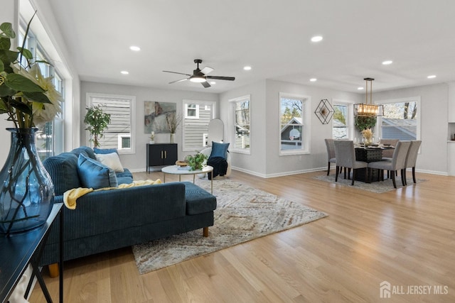 39 S Pierson Rd, Maplewood, NJ 07040 - living area with light wood-type flooring, baseboards, recessed lighting, and ceiling fan