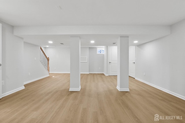 39 S Pierson Rd, Maplewood, NJ 07040 - finished basement with recessed lighting, baseboards, light wood-style floors, and stairs