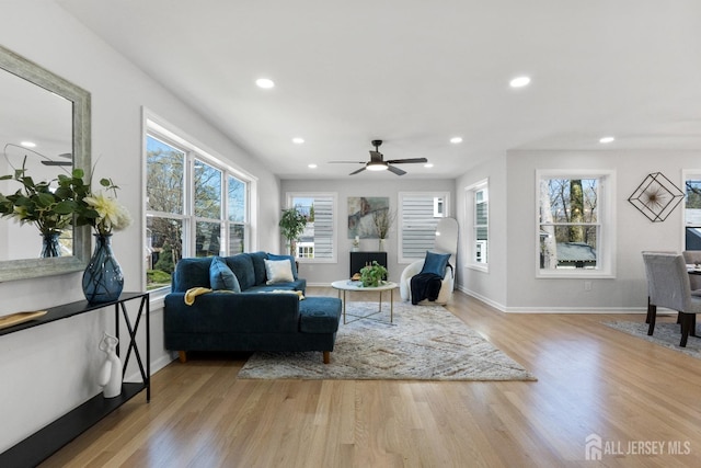 39 S Pierson Rd, Maplewood, NJ 07040 - living room featuring light wood-type flooring, recessed lighting, baseboards, and ceiling fan