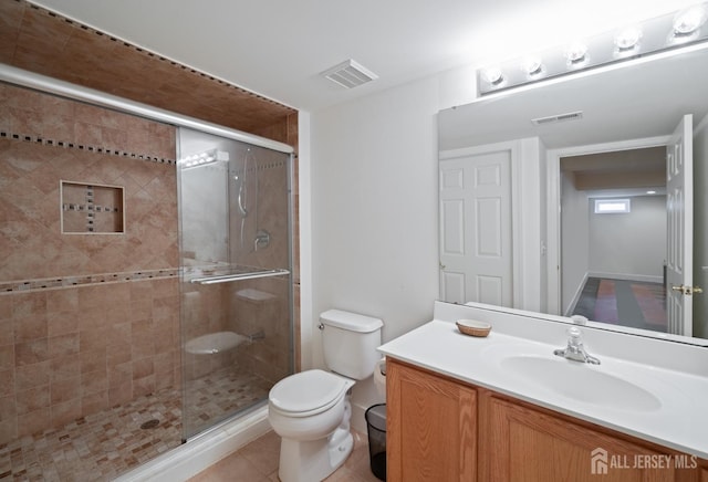 full bathroom featuring visible vents, a shower stall, and toilet