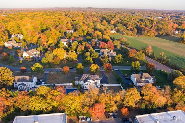 drone / aerial view featuring a forest view