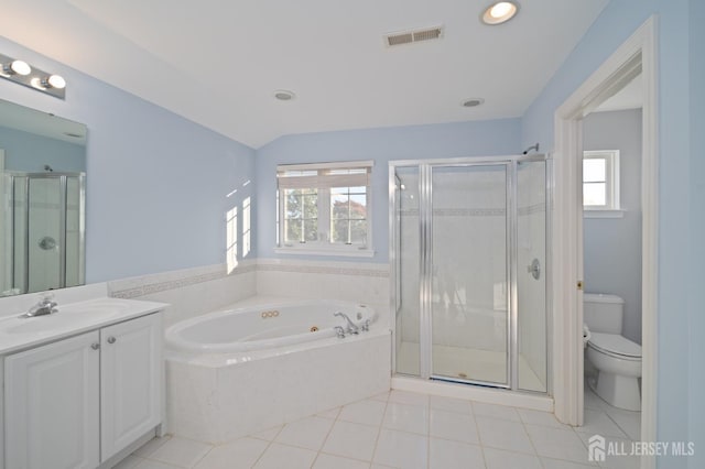 full bathroom featuring vanity, a shower stall, visible vents, and a wealth of natural light