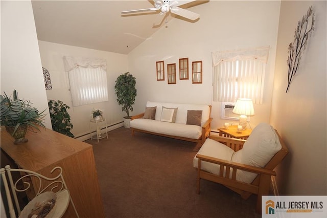 carpeted living room featuring vaulted ceiling, a baseboard heating unit, ceiling fan, and a wall unit AC