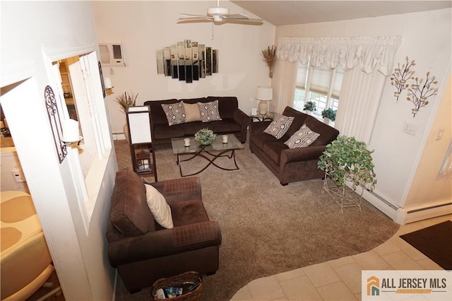 carpeted living room featuring baseboard heating, a wall mounted AC, vaulted ceiling, and ceiling fan