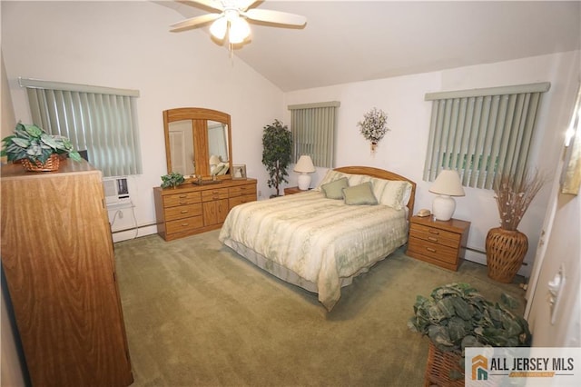 bedroom featuring carpet floors, lofted ceiling, baseboard heating, and ceiling fan