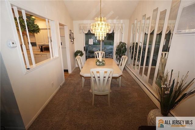 carpeted dining room featuring an inviting chandelier and lofted ceiling