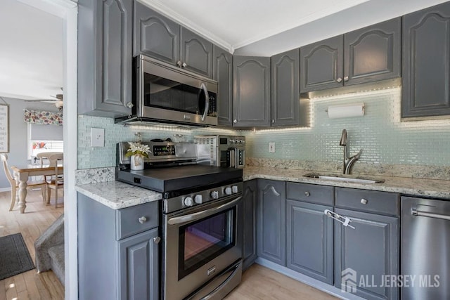 kitchen with a sink, appliances with stainless steel finishes, backsplash, and light wood finished floors