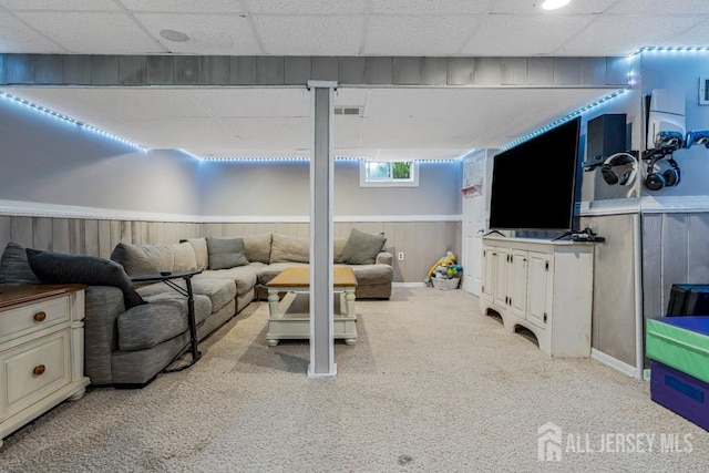 325 Giles Ave, Middlesex, NJ 08846 - living room with carpet flooring, a paneled ceiling, a wainscoted wall, and baseboards