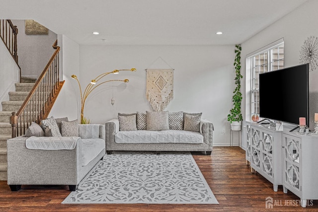 22 Larkspur Ln, Monroe, NJ 08831 - living room with dark wood-type flooring, stairway, and recessed lighting