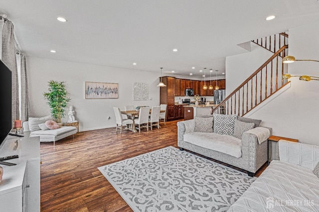 22 Larkspur Ln, Monroe, NJ 08831 - living area featuring dark wood-type flooring, stairway, and recessed lighting