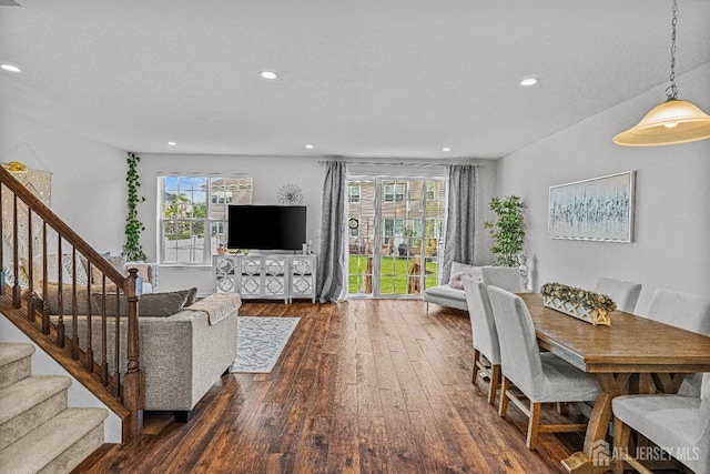 22 Larkspur Ln, Monroe, NJ 08831 - living room featuring dark wood finished floors, stairway, and recessed lighting