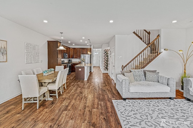 22 Larkspur Ln, Monroe, NJ 08831 - dining room with stairway, dark wood-style floors, and recessed lighting