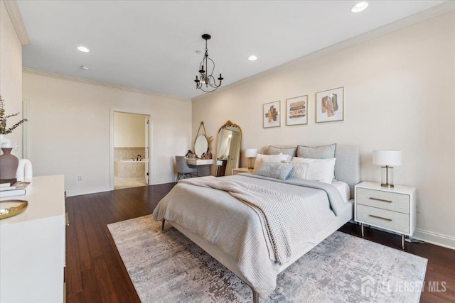 bedroom with ornamental molding, recessed lighting, dark wood-style floors, a chandelier, and baseboards