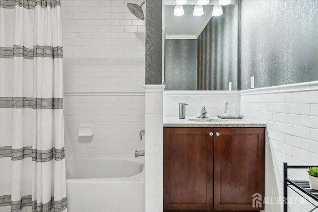 2 N Commerce Sq Unit 204, Robbinsville, NJ 08691 - full bath featuring tile walls, shower / tub combo with curtain, vanity, crown molding, and a wainscoted wall