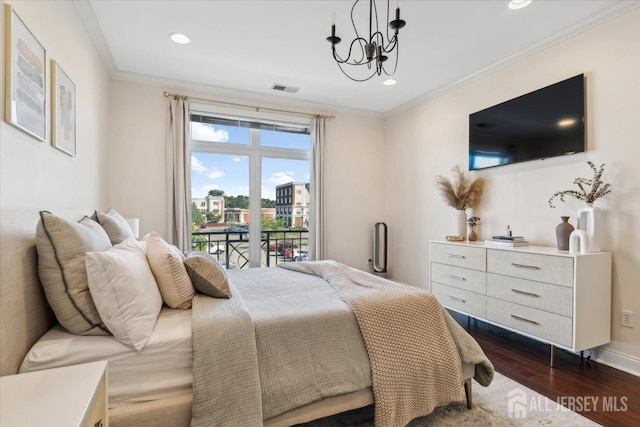 bedroom featuring dark wood-style flooring, ornamental molding, access to outside, recessed lighting, and a chandelier