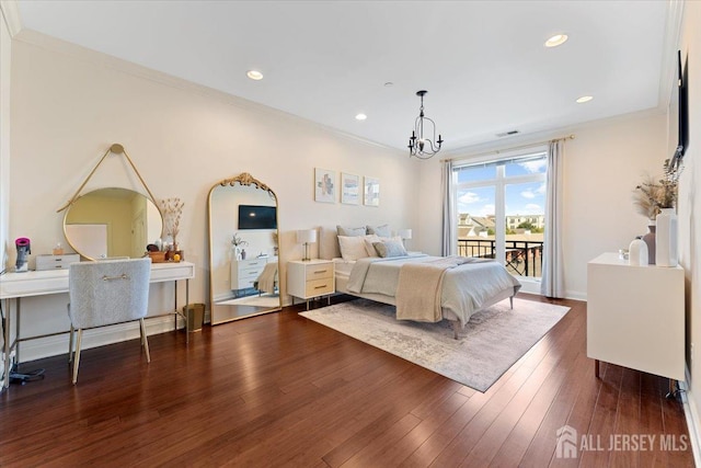 bedroom featuring access to outside, ornamental molding, a chandelier, wood finished floors, and recessed lighting