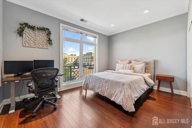 bedroom featuring crown molding, access to exterior, an office area, wood finished floors, and baseboards