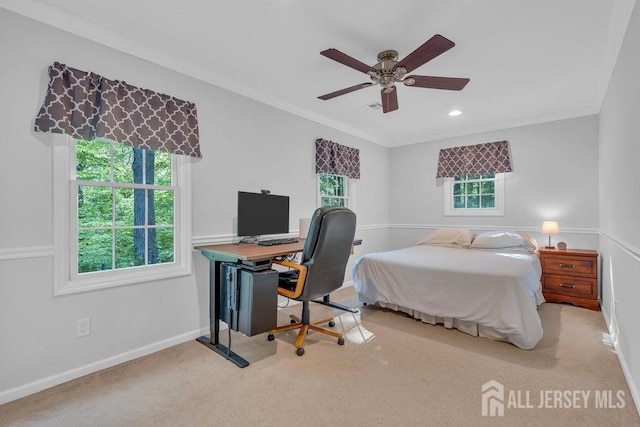 74 Ravine Dr, Matawan, NJ 07747 - bedroom with multiple windows, carpet, crown molding, an office area, and recessed lighting