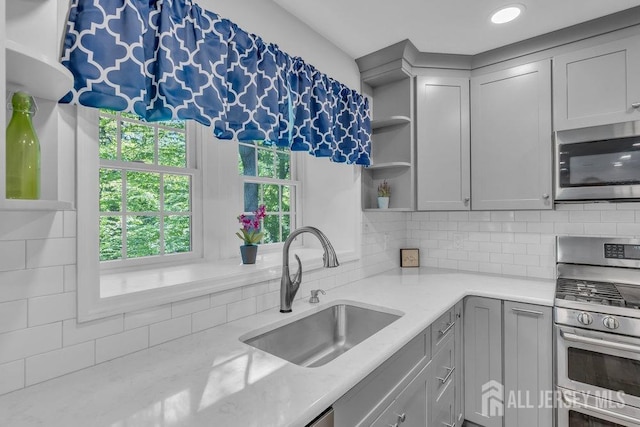 74 Ravine Dr, Matawan, NJ 07747 - kitchen featuring appliances with stainless steel finishes, open shelves, gray cabinets, and decorative backsplash