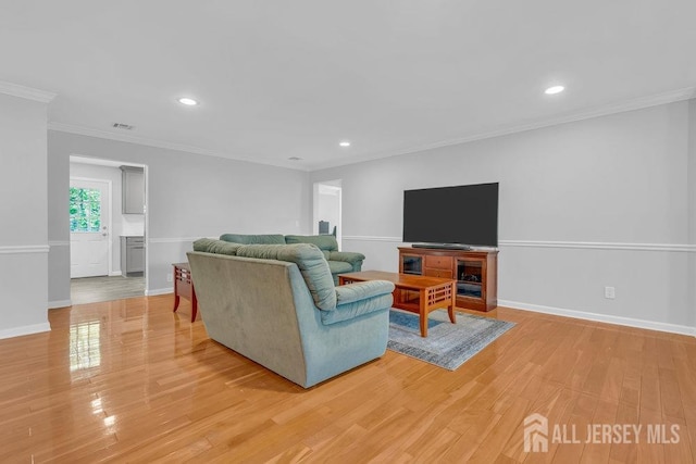 74 Ravine Dr, Matawan, NJ 07747 - living room featuring light wood-style floors, recessed lighting, and ornamental molding