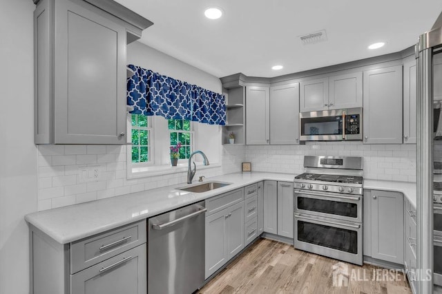 74 Ravine Dr, Matawan, NJ 07747 - kitchen with stainless steel appliances, gray cabinetry, light countertops, tasteful backsplash, and recessed lighting