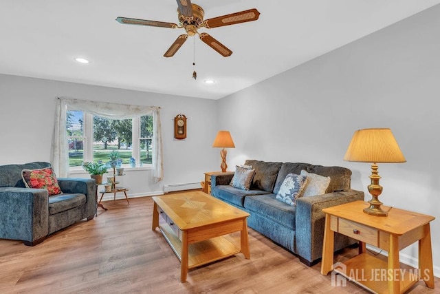 74 Ravine Dr, Matawan, NJ 07747 - living room with baseboard heating, ceiling fan, light wood-type flooring, and recessed lighting