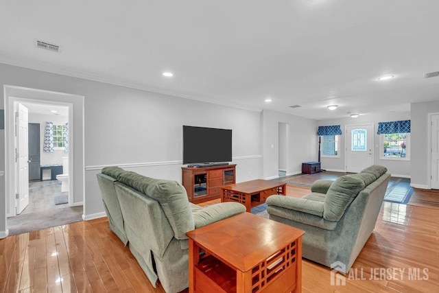 74 Ravine Dr, Matawan, NJ 07747 - living room with light wood-type flooring, recessed lighting, and ornamental molding